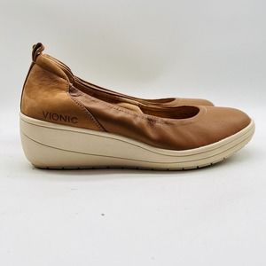 Vionic Shoes Womens 8 Brown Leather Wedge Slip On Jacey Comfort Ballet Platforms